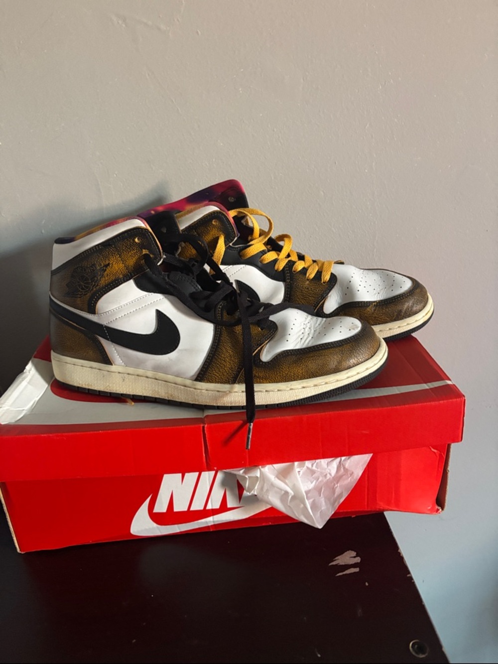 Nike High-Top Sneakers - White, Black & Metallic Gold Accents